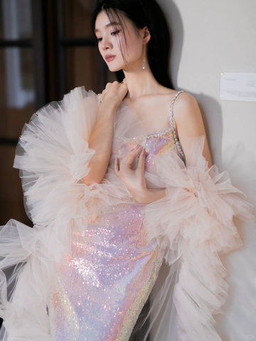 Shiny Pink Sheath Straps Rhinestone Sequin Prom Dress Evening Dress Party Dress HZ1023